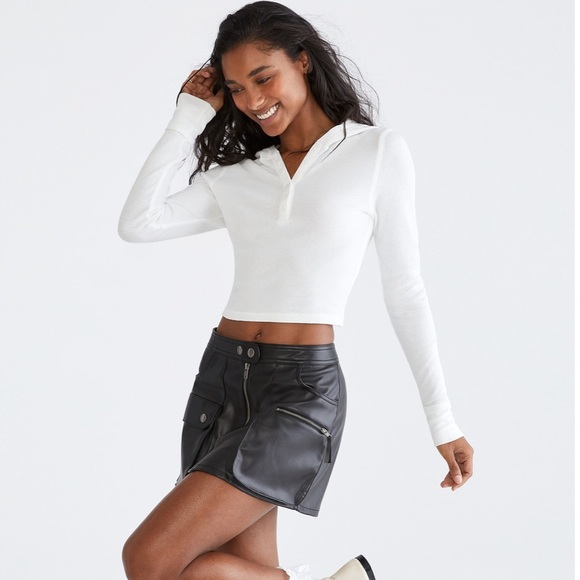 Aeropostale Size Small White Hooded Cropped Thermal Top Long Sleeved T-shirt - Picture 7 of 8